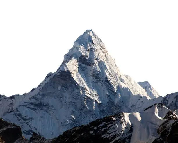 Evening view of Ama Dablam isolated on white sky background, Nepal Himalayas mountains