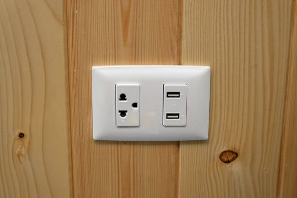 istock White electrical plug and USB socket port on the wooden background with copy space. 1341416026