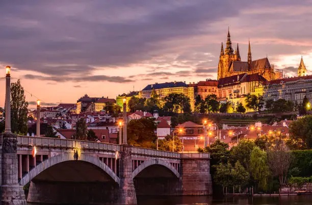 Photo of Cityscape of Prague with the famous castle during sunset.