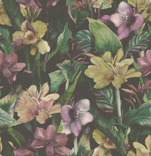 istock Tropical seamless pattern with bright exotic Cannes flowers. Background with watercolor flowers and leaves 1341417205