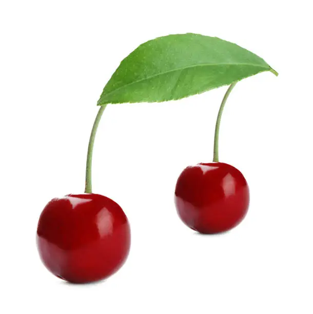 Photo of Musical note made of cherries on white background