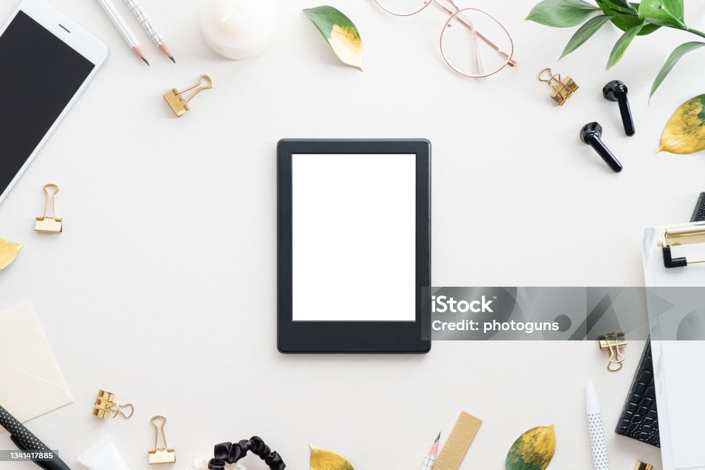 Ebook Reader Ereader Mockup On White Table With Office Stationery Top ...