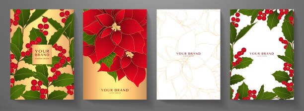 illustrazioni stock, clip art, cartoni animati e icone di tendenza di copertina natalizia, set di design della cornice. modello vettoriale con fiore di stella di natale rossa, bacche su oro, sfondo bianco - poinsettia