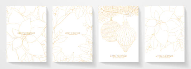 świąteczna okładka, zestaw do projektowania ramek. szablon wektorowy ze złotym wzorem linii, kwiatem poinsecji, jagodami, choinką z zabawkami na białym tle - poinsettia stock illustrations