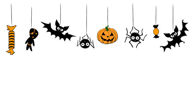 ilustrações de stock, clip art, desenhos animados e ícones de vector halloween background with hanging flat traditional elements - pumpkin, jack lantern, zombie,spider, bat, candy. seamless pattern of border, decoration, divider or frame - bat halloween spider web spooky