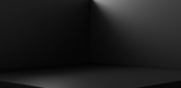 fondo de habitación de esquina negro y pared oscura interior vacía en espacio de piso abstracto en blanco papel tapiz de fondo interior con sala de exposición de plantilla de producto o estudio de escena de pedestal de podio. renderizado 3d. - black shadow fotografías e imágenes de stock