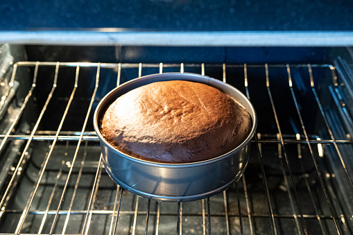Chocolate cake in a springform pan baking in the center rack of an oven.