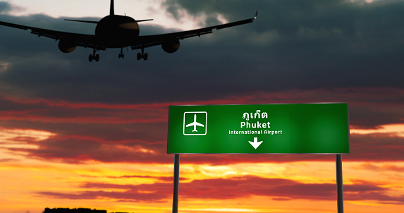 Airplane silhouette landing in Phuket, Thailand. City arrival with airport direction signboard and sunset in background. Trip and transportation concept 3d illustration.