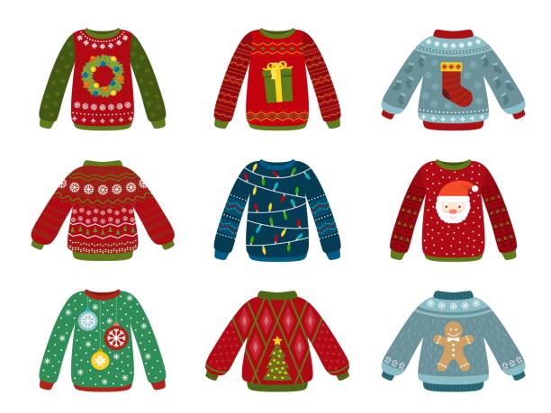 ilustraciones, imágenes clip art, dibujos animados e iconos de stock de suéter navideño. suéteres feos, jersey de navidad. ropa de abrigo plana de invierno con elementos festivos. objetos aislados de año nuevo conjunto vectorial reciente - deformado