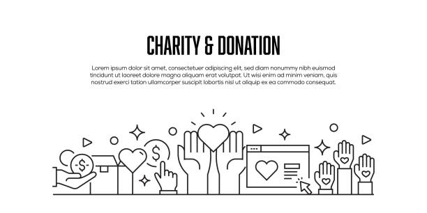 illustrazioni stock, clip art, cartoni animati e icone di tendenza di beneficenza e donazioni correlato modern line style banner design - charity and relief work illustrations