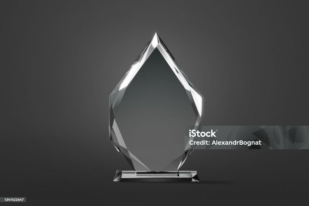 Blank glass arrow shape award mock up, dark background Blank glass arrow shape award mock up, dark background, 3d rendering. Empty drop victory grand for achievement mockup. Clear transparent premium plaque for prizewinner template. Award Stock Photo