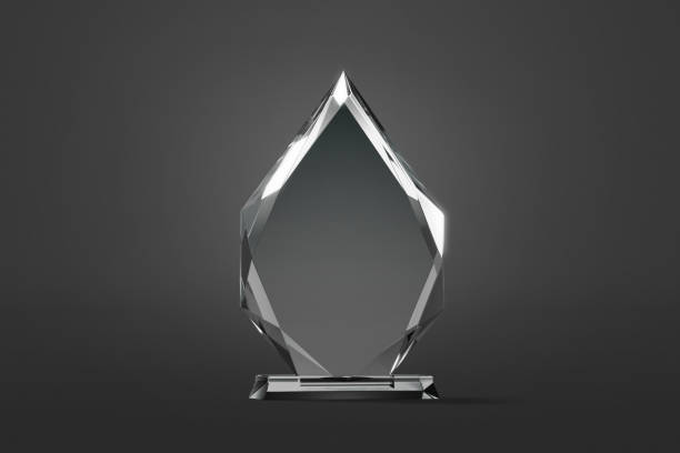 Blank glass arrow shape award mock up, dark background Blank glass arrow shape award mock up, dark background, 3d rendering. Empty drop victory grand for achievement mockup. Clear transparent premium plaque for prizewinner template. laureate stock pictures, royalty-free photos & images