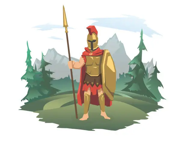 Vector illustration of An antique warrior with a shield and a spear on the background of a mountain landscape. God of war, Ares or Mars. Vector illustration, isolated on white.