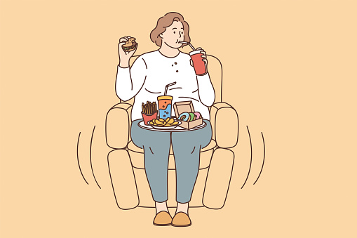Unhealthy eating, fatness and overeating concept. Young fat overweight woman sitting in armchair and eating fats fries donuts drinking lemonade vector illustration