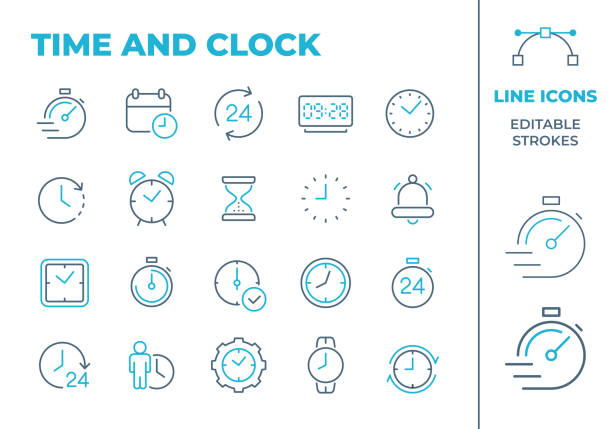 time and clock - two color line icons. editable stroke. vector stock illustration - kum saati illüstrasyonlar stock illustrations