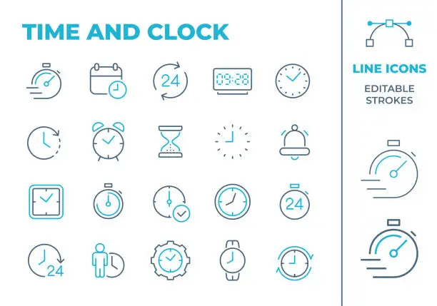 Vector illustration of Time and Clock - Two Color Line Icons. Editable Stroke. Vector Stock Illustration