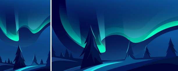 Beautiful northern lights. Beautiful northern lights. Landscape with natural light show in different formats. northern lights snow stock illustrations