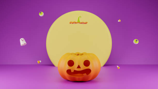3d render halloween escenario de exhibición de productos para presentación. cesta de calabaza con la luna sobre fondo púrpura - linterna de halloween ilustraciones fotografías e imágenes de stock