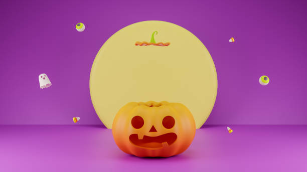 3D Render Halloween Product display stage for presentation. Pumpkin basket with the moon on purple background