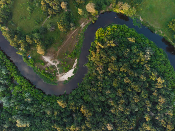 istock Aerial view over the river which is on the green forest. 1341425672