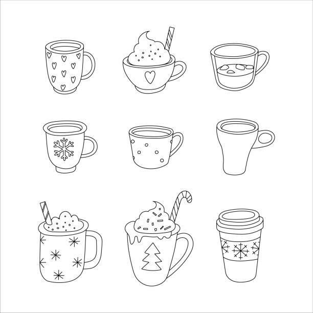 vektorlinie handgezeichnete illustration winter weihnachtsgetränke set. niedliche farbtassen mit kaffee, heißem kakao, schokoladenmilch, tee und sahne. isoliert auf weißem hintergrund - hot chocolate coffee isolated on white cup stock-grafiken, -clipart, -cartoons und -symbole