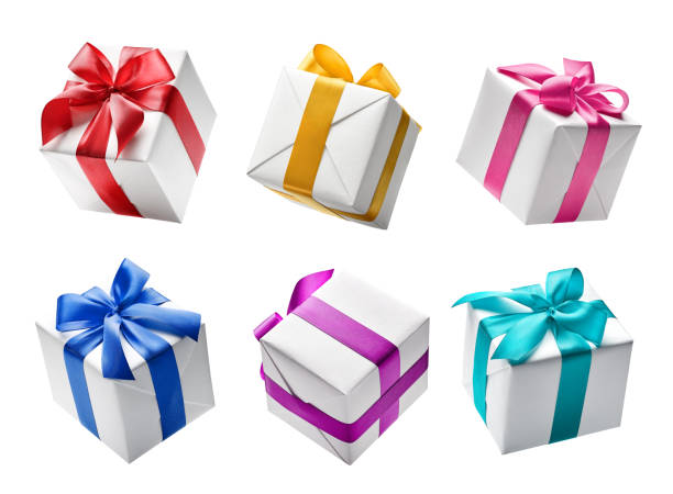 Set of white color gift boxes with colorful ribbon stock photo