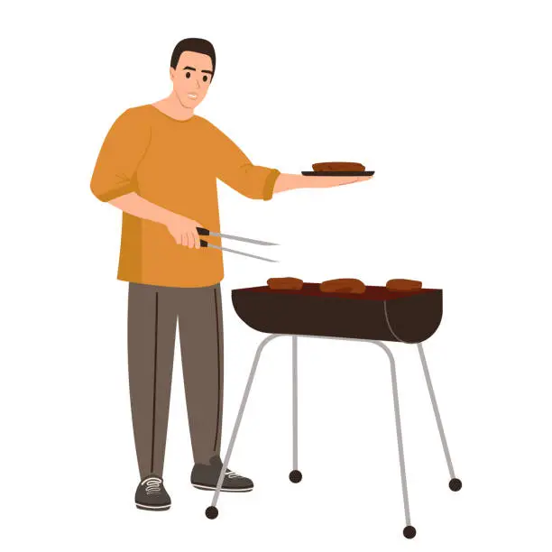 Vector illustration of Young man cooking the grill