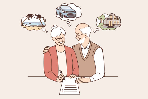 Happy retirement and planning vacations concept Happy retirement and planning vacations concept. Old mature couple man and woman standing signing document planning weekend together feeling happy vector illustration retirement plan document stock illustrations