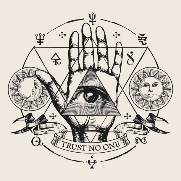banner with all seeing eye symbol on an open palm Hand-drawn round vector emblem with all-seeing eye of God on an open palm. Human hand with eye of Providence in a triangle, sun, moon, esoteric symbols, alchemical signs and inscription Trust no one alchemy stock illustrations