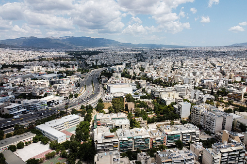 A shot of Athens city from a drone showing the highly populated area in Greece on  July 23, 2021