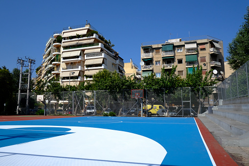 Basketball courts in the Sepolia neighborhood of Athens, Greece on July 24, 2021.