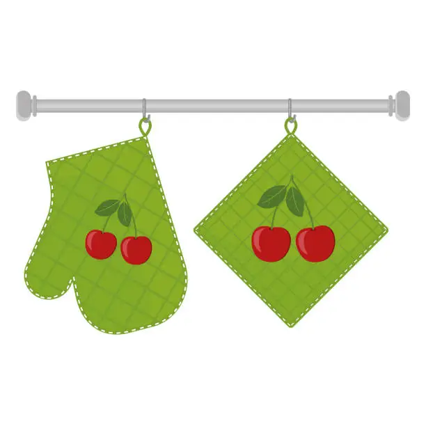Vector illustration of Oven mitt and oven mitt hanging on the rack on hooks, color isolated vector illustration in the flat style