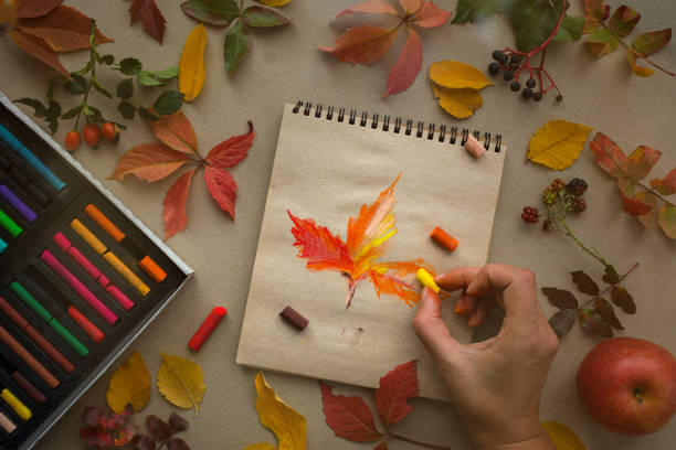 istock Autumn art flat layout drawing of leaves top view. Hobby 1341430470