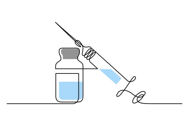 Syringe with bottle of drug Medical syringe and bottle with liquid drug in continuous line art drawing style. Treatment, immunization and vaccination minimalist design. Vector illustration injecting stock illustrations