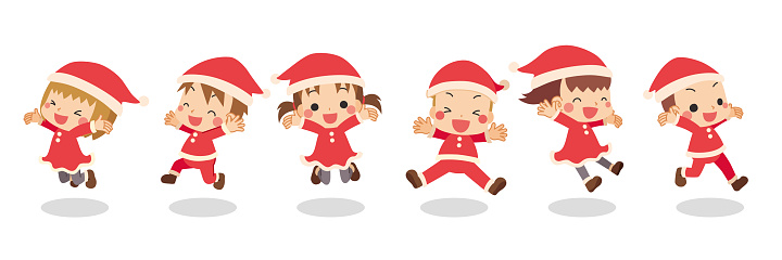 Illustration of children jumping in Santa Claus costumes.