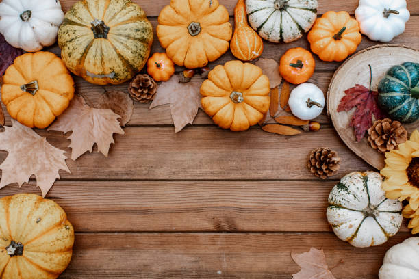 istock Thanksgiving flat lay. Pumpkins, autumn leaves on rustic wood with space for text. Happy Thanksgiving and Halloween template. Hello Autumn. Harvest 1341431876