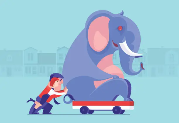 Vector illustration of business couple pushing elephant