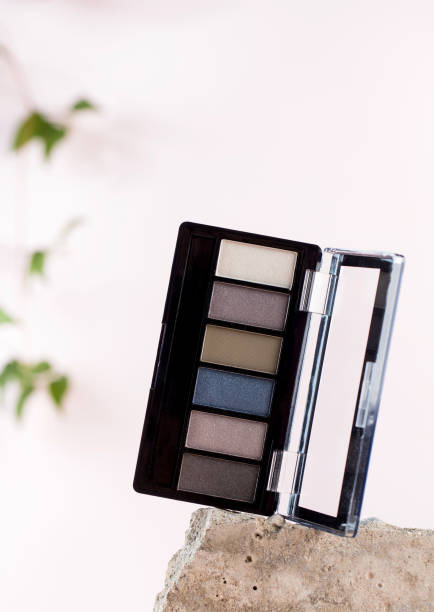 istock Set of eyeshadows on large old grey stone on light pink background with plant 1341432061
