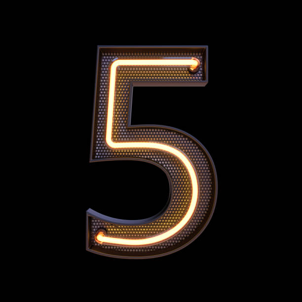 Number 5, Alphabet. Neon retro 3d number isolated on a black background with Clipping Path. 3d illustration.