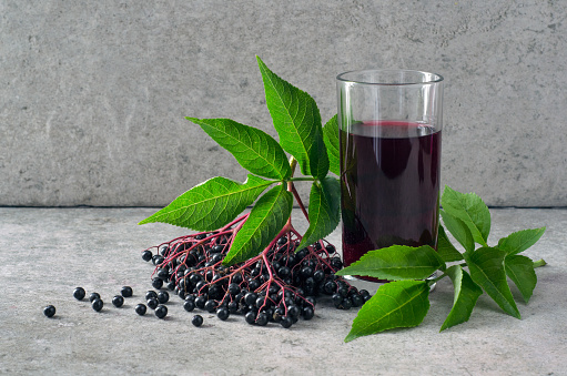 Cluster of ripe black elderberry berries with green leaves and drink in glass on gray stone background.