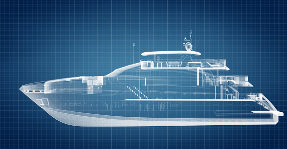 Blueprint technical design of motor yacht. Modern engineering
