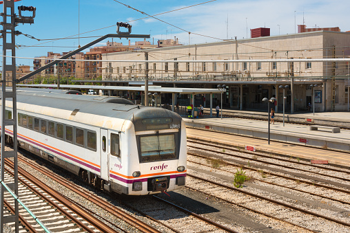 Tarragona, Spain - July 26, 2021:  Renfe Spanish train at the station.
