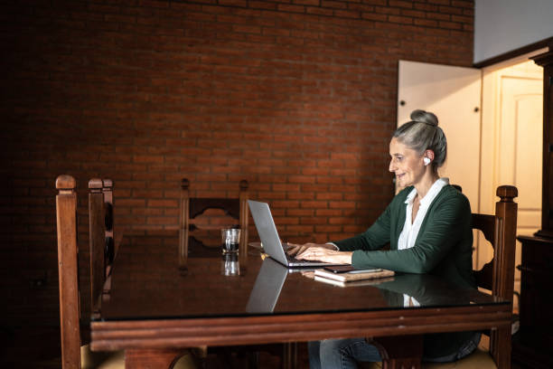 istock Mature woman using a laptop at home 1341433956
