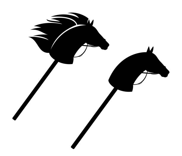 stockillustraties, clipart, cartoons en iconen met black and white vector silhouette set of hobby horse toy with stick for riding - hobbelpaard