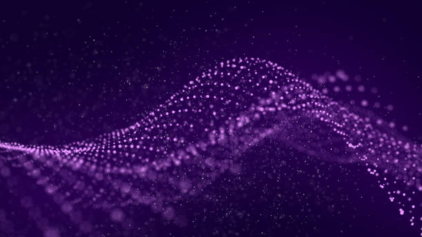 Abstract purple wave shaped array of glowing dots. Wave 3d. Abstract wave dots in dark background. Data technology background.