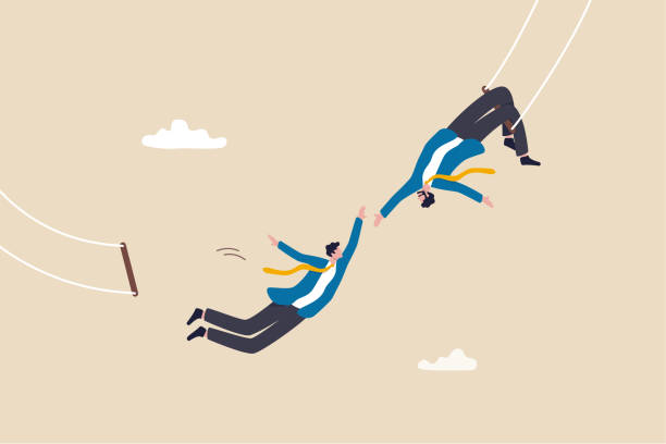 stockillustraties, clipart, cartoons en iconen met trust, partnership and support to success in work, collaborate or cooperate teamwork, risk taking, unity or help to achieve target concept, businessman trapeze perform jumping and catch by partner. - trust