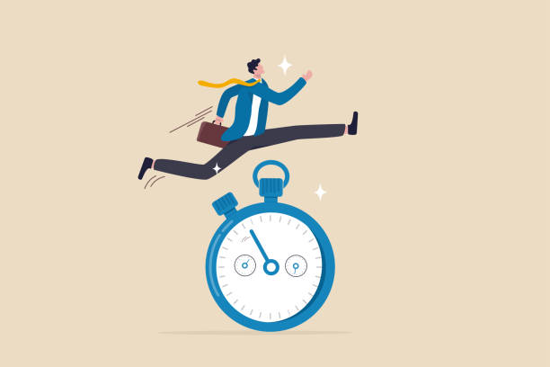 Sense of urgency, quick response attitude to get work done as soon as possible now, reaction to priority task or important concept, fast businessman running and jump high over countdown timer clock. Sense of urgency, quick response attitude to get work done as soon as possible now, reaction to priority task or important concept, fast businessman running and jump high over countdown timer clock. emergency response workplace stock illustrations