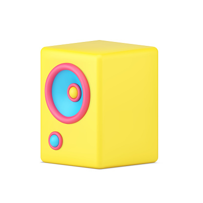 Yellow music speaker 3d icon. Volumetric retro audio speaker with blue loudspeaker. Equipment for parties and home listening music. Speaker system for professional studio. Realistic isolated vector
