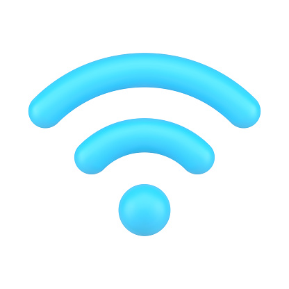 Blue wifi sign 3d icon. Hotspot for digital and online coverage. Broadcasting area with internet. Distribution web signal using modem of router with LAN connection. Volumetric isolated vector