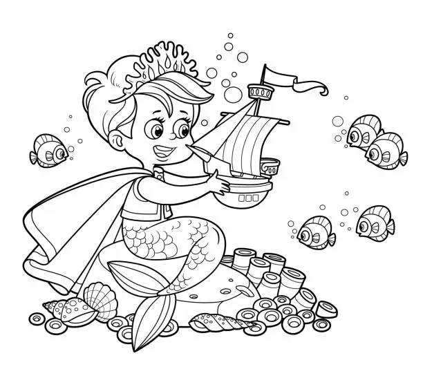 Vector illustration of Cute little mermaid prince in a crown of coral sits on a stone and examines a toy sailboat outlined for coloring page isolated on white background